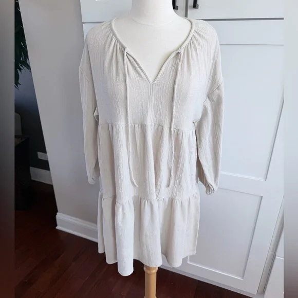 Pull & Bear Boho Tie-Neck Tiered Midi Dress in Soft Ivory Small - Picture 2 of 8